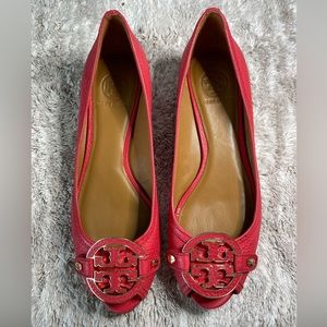 Tory Burch Red Leather Peep Toe Low Wedge